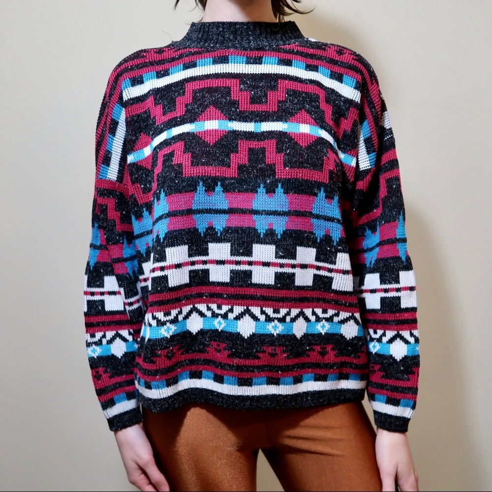 Vtg 80s Pullover Cosby Sweater One Size Hipster Grunge Pullover Abstract Print